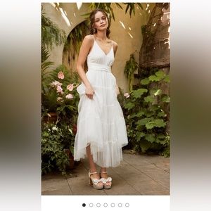 Lulus Made to be Magical White Dotted Tie-Back Tiered Midi Dress